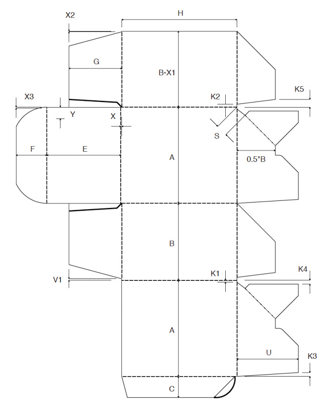 Faltschachtel Verpackung ECMA A6020 5 mit Automatikboden und Einstecklaschen aus Klemmung technische Zeichnung